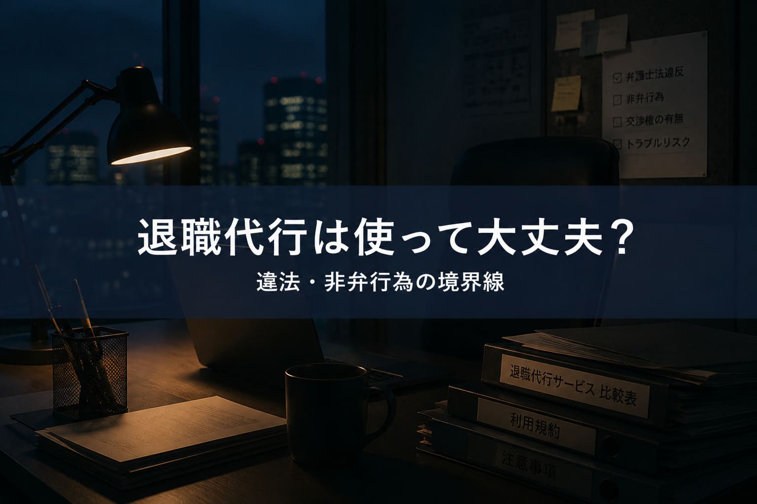 夜のオフィスを背景に、退職代行は使って大丈夫？違法・非弁行為の境界線と書かれたアイキャッチ画像